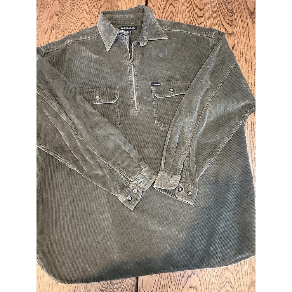 Vintage 90s Structure Corduroy Quarter Zip Pullover Khaki Mens L Cotton Work